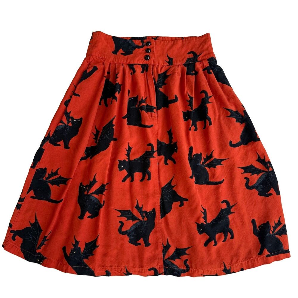 Modcloth Red Midi Skirt with Black Cat Wing Print